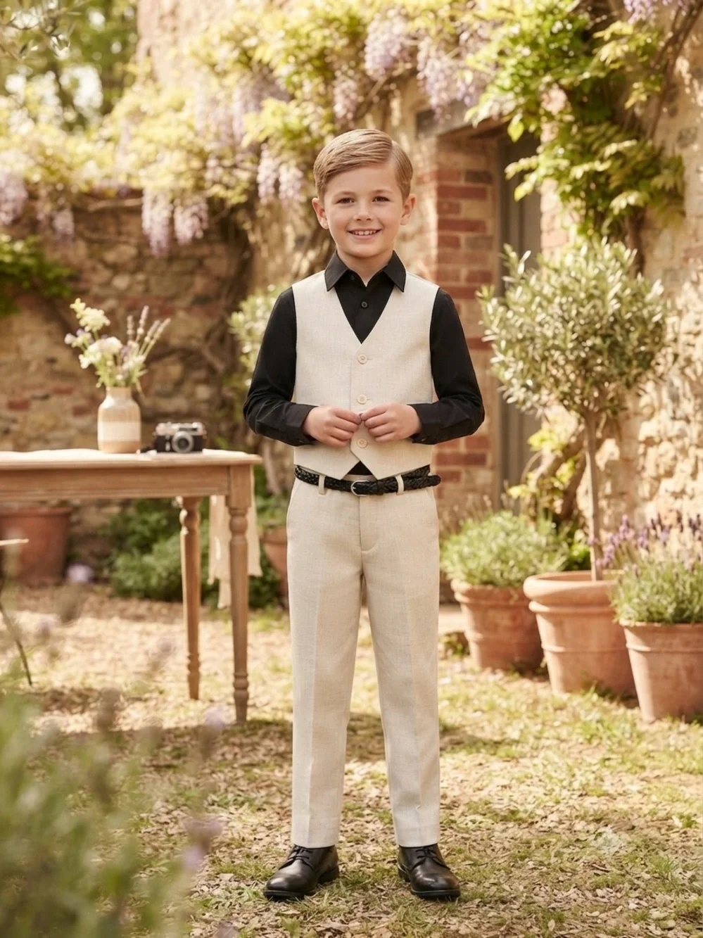 Take 50% OFF- 3pcs Boys Cream Vest & Pants Suit Set with Black Shirt, Size-6